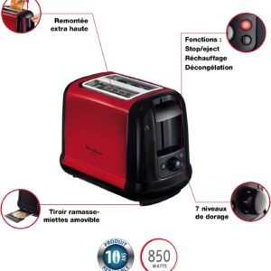 MOULINEX Subito Grille pain 2 fentes rouge toaster Thermostat 7 position Décongetaion Rechauffage Remontrée extra haute LT260D11 thumbnail
