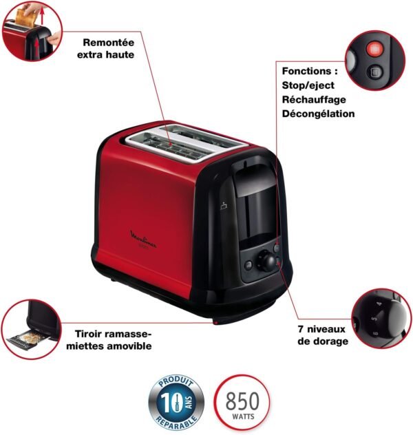 MOULINEX Subito Grille pain 2 fentes rouge toaster Thermostat 7 position Décongetaion Rechauffage Remontrée extra haute LT260D11